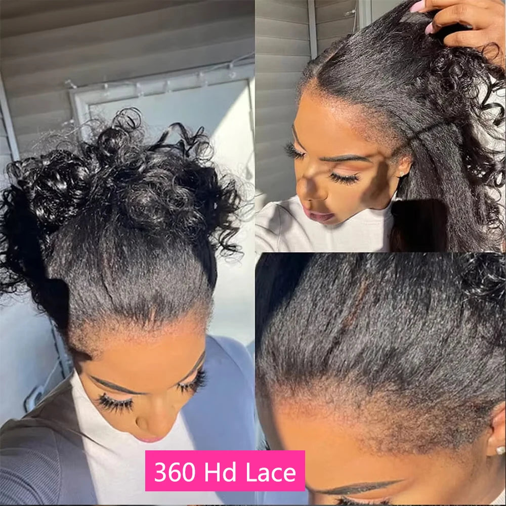 Kinky Straight 360 HD Lace Frontal Wig | Yaki Straight Ponytail Human Hair Wig for Black Women (Transparent Lace, Clearance Sale) Luxegan
