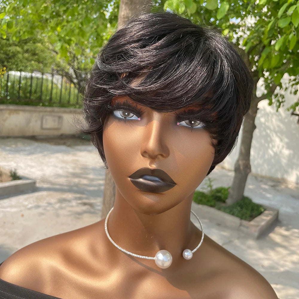 Short Pixie Cut Wig Human Hair | Machine Made Wig with Bangs | Brazilian Remy Hair | Pixie Wig for Black Women