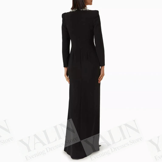 Crystal Simple High-Neck Full Sleeve Floor-Length A-Line Prom Dress Luxegan
