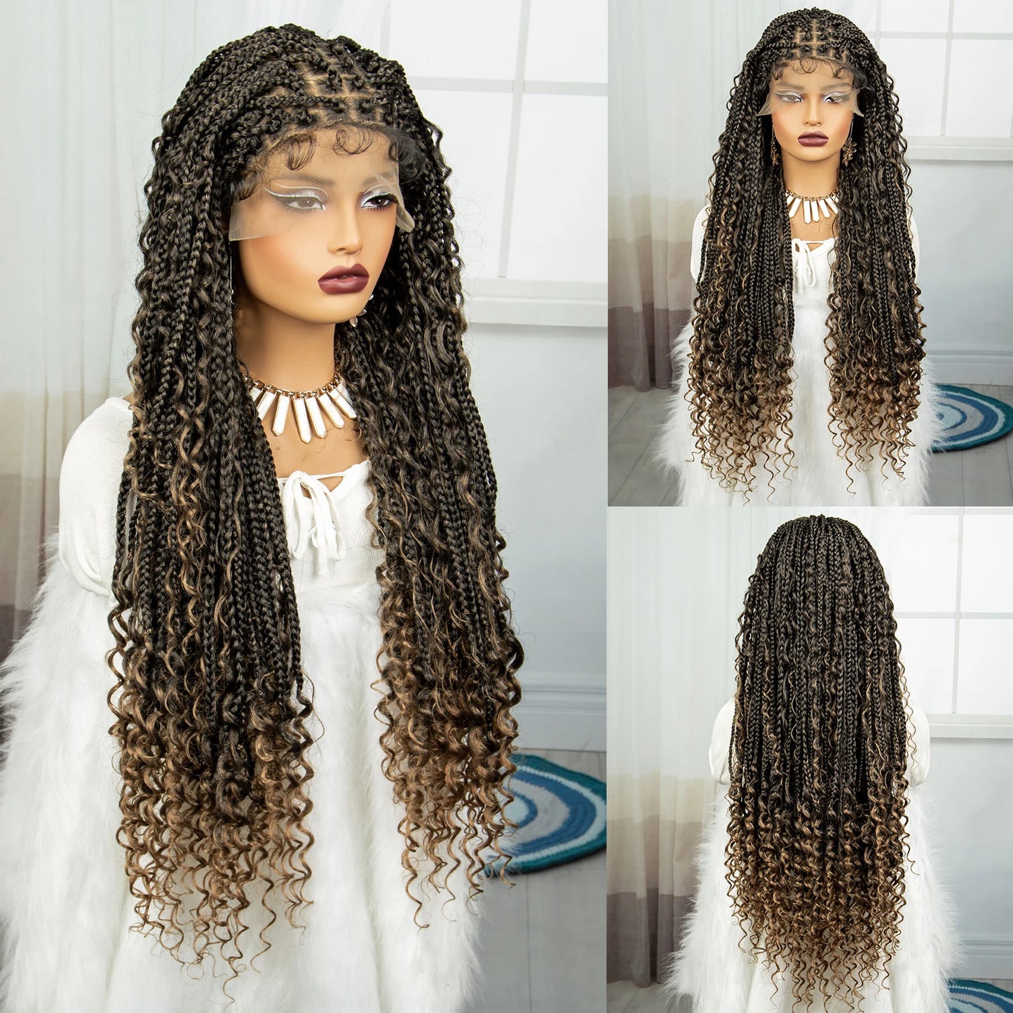 Ombre Boho Knotless Braids Wig | Curly Ends | Lace Front | Baby Hair Luxegan