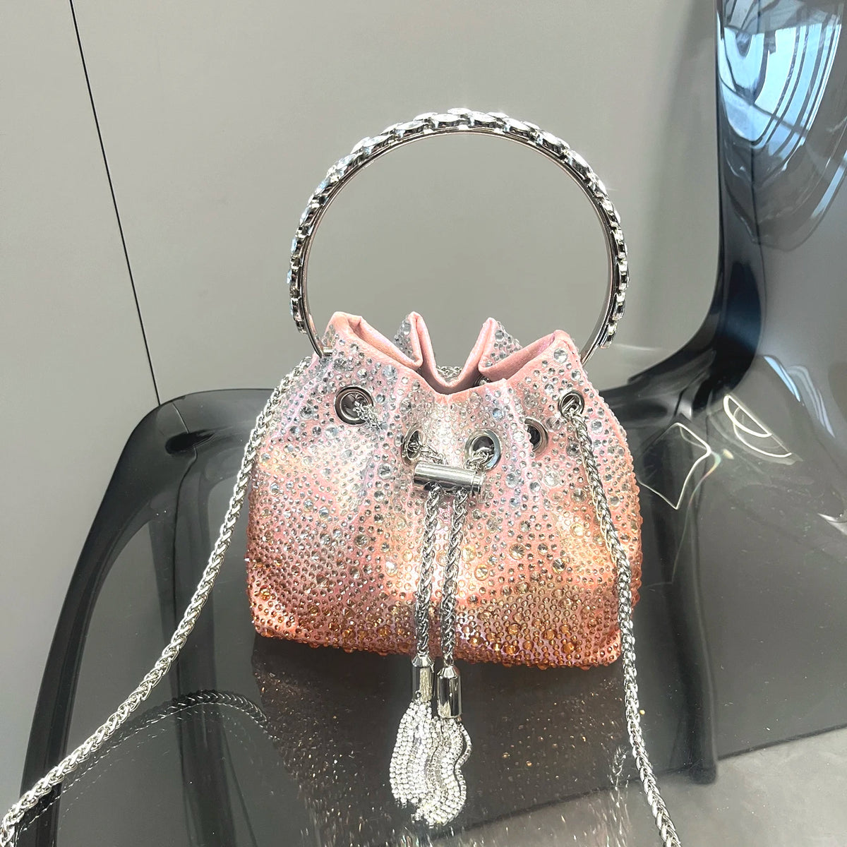 Luxury Designer Rhinestone Evening Clutch | Shiny Crystal Bucket Handbag & Fashion Shoulder Bag Luxegan