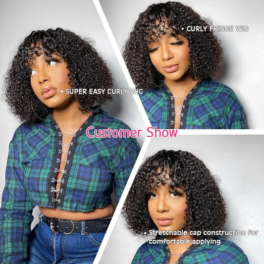 Ombre Short Bob Jerry Curly Human Hair Wig with Bangs - 180% Density Full Machine-Made Glueless Wig - 100% Brazilian Remy Human Hair Gradient Curly Fringe Wig for Black Women Luxegan