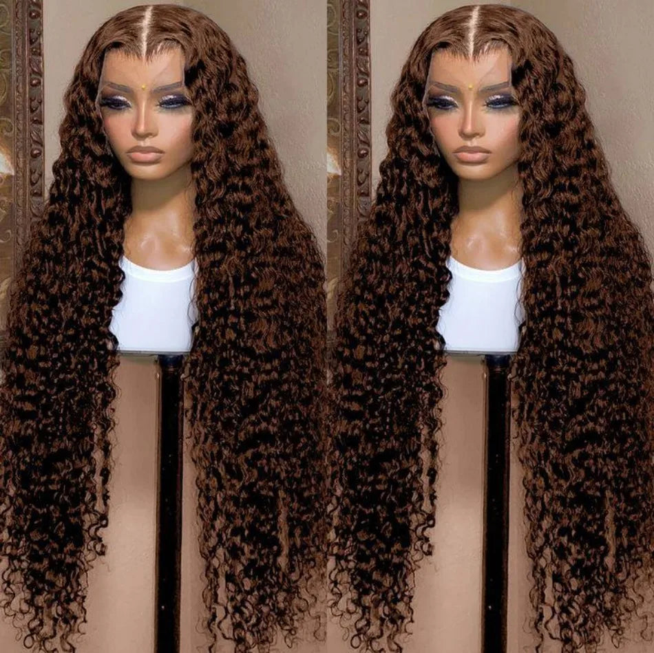 Chocolate Brown Deep Wave HD Lace Wig | Sophisticated 250 Density 13x6 & 13x4 Frontal | Elegant "100% Brazilian Remy" Silhouette | "Dignified" Pre-Plucked Curly Human Hair for Radiant Versatile Styling Luxegan