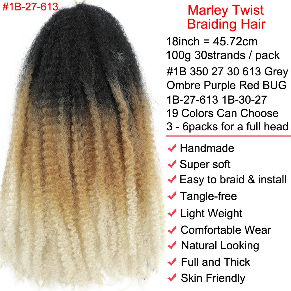 18" Marley Twist Braiding Hair | Crochet Braids | Afro Twist Kinky Hair Extensions | Ombre Colors | 30 Strands/Pack