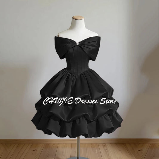 Vintage Off-The-Shoulder Homecoming Mini Dress | Crystal Bow Tiered Graduation Dress | Sleeveless Knee-Length Satin Sweet 15 16 Prom Gown Luxegan