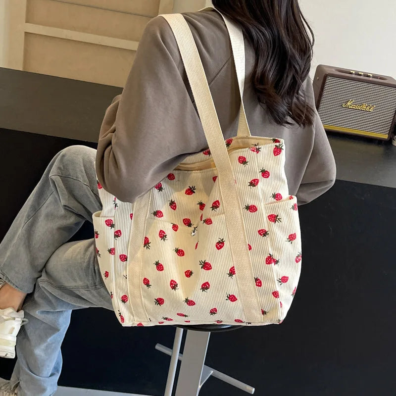 Corduroy Fruit Print Handbag | Sweet Girl Zippered Underarm Bag Luxegan