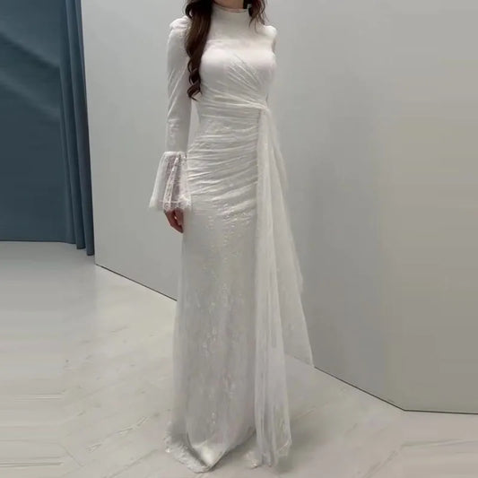 Lace Embroidery Turtleneck Maxi Dress | Long Sleeve Slim Sheath Evening Gown - view 2