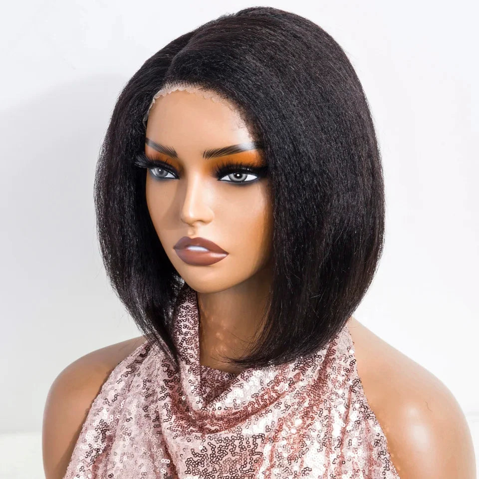 Short Kinky Straight Bob Wig | Glueless Human Hair C Lace with Natural Hairline Luxegan