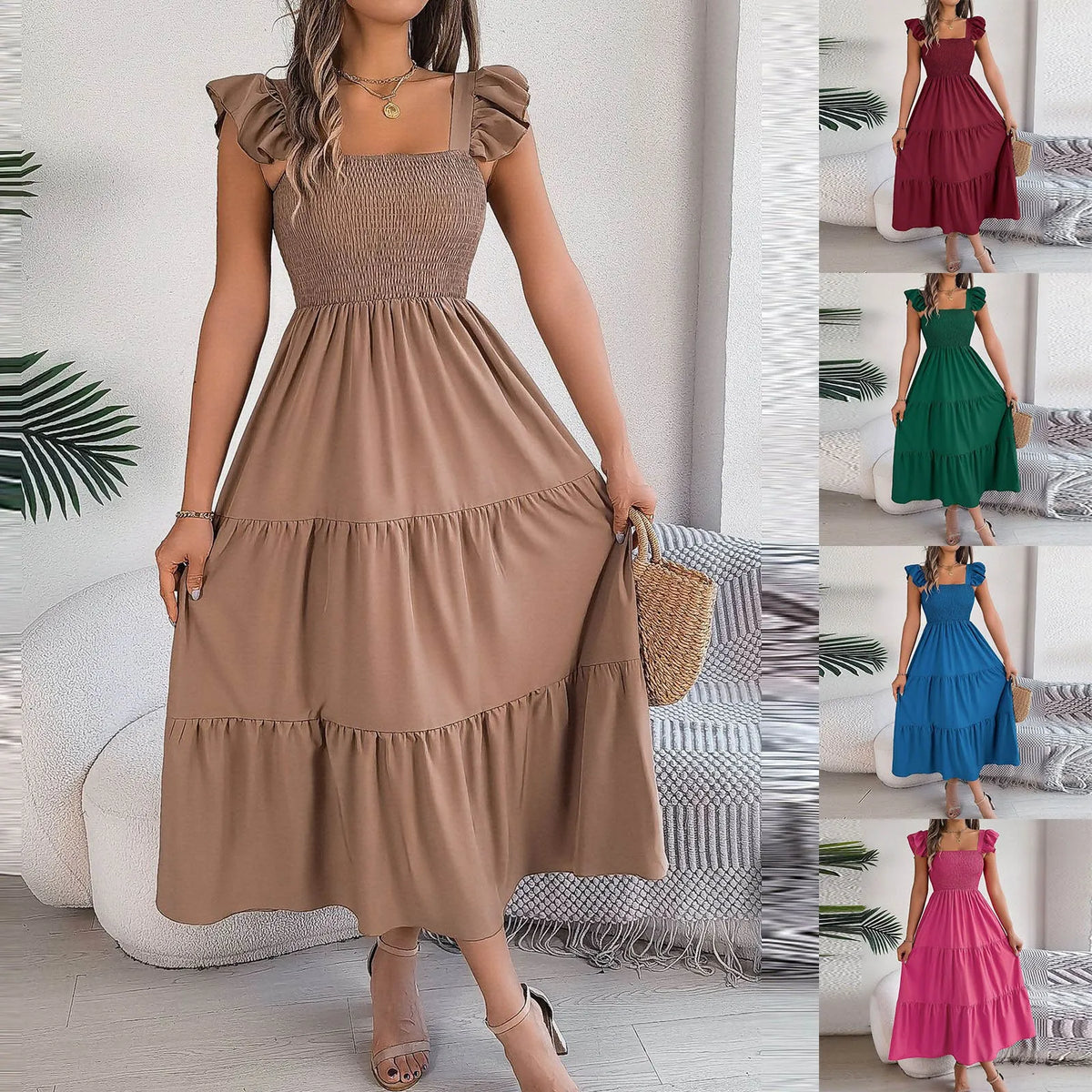 Solid Sleeveless Backless Pleated Maxi Dress | Square Neck A-Line Beach & Casual Dress Luxegan