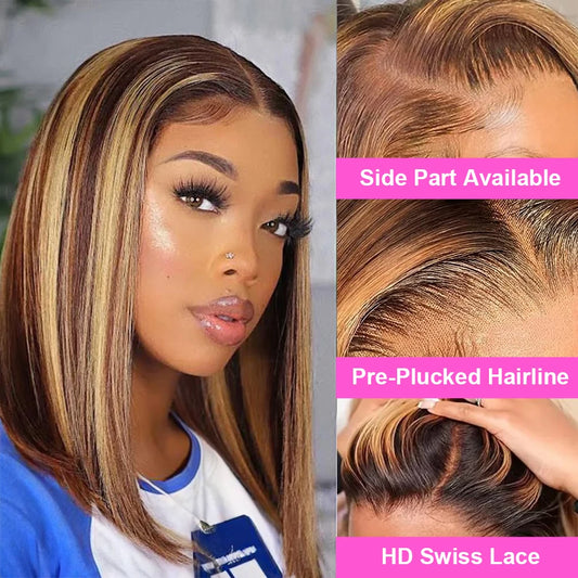 Highlight P4/27 Straight Short Bob Wig - 13x4 HD Lace Frontal & 7x5 / 5x5 Wear-and-Go Glueless Human Hair Wig - Pre-Cut Ready-to-Wear Peruvian Remy Hair Bob Wig for Women (4-16 Inch) Luxegan