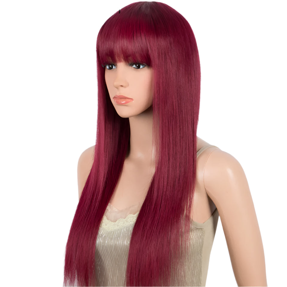 Burgundy Straight Wig with Bangs | "Put On & Go" Glueless Human Hair Luxegan