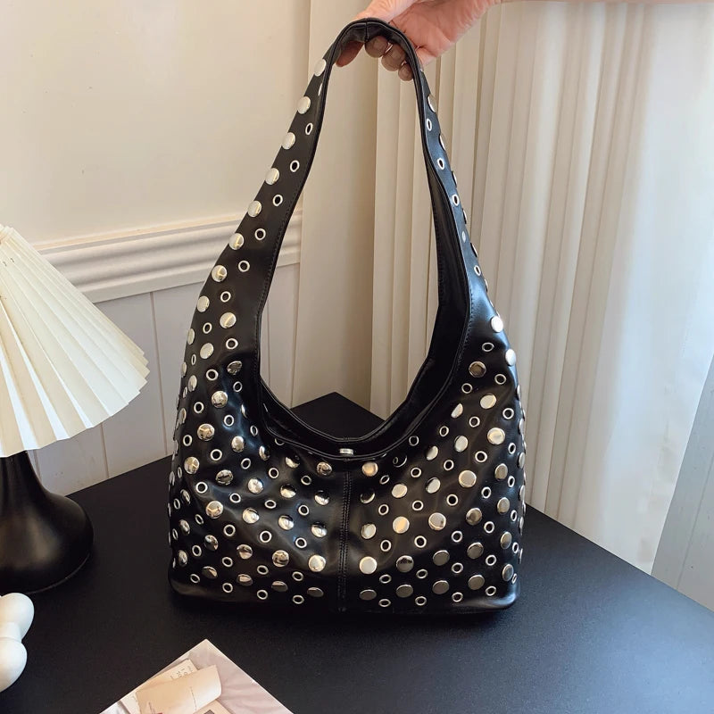 Luxury Designer Punk Rivet Shoulder Bag | Vintage Classic Motorcycle Casual Tote | Premium PU Leather Large-Capacity Handbag | Versatile Four-Seasons Fashion Bag with Polyester Lining Luxegan