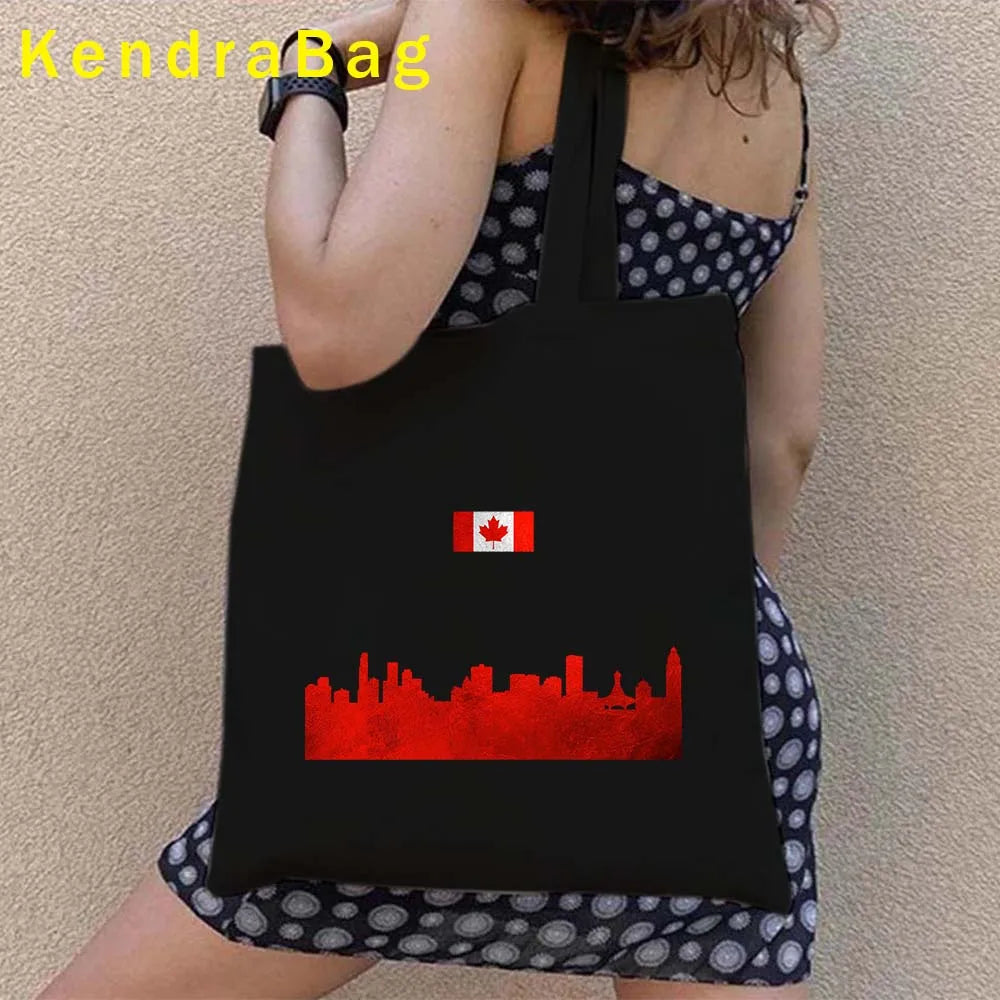 Canadian City Landscape Cotton Canvas Tote Bag | Happy Canada Day Tourist Gift | Reusable Eco-Friendly Shoulder Handbag (Women) Luxegan