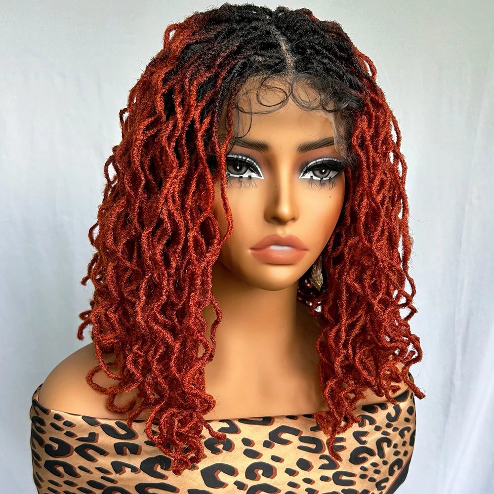 14" Copper Red Faux Locs Lace Front Wig | Short Twist Dreadlocks | Synthetic Braided Wig Luxegan