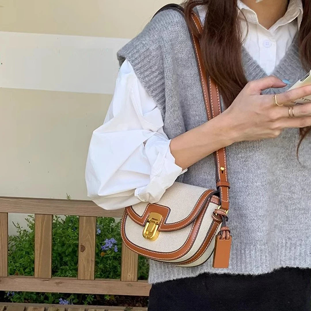 Retro Canvas Patchwork Crossbody Bag | Contrasting Color Saddle Bag