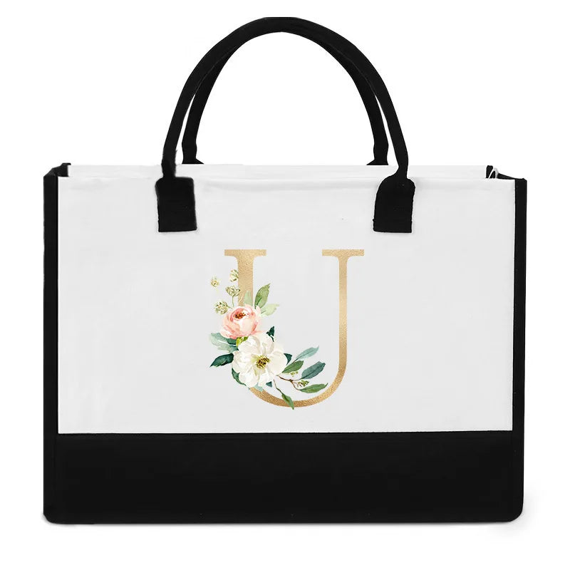 High-Quality Reusable Jute Shopping Bag | Waterproof Fashion Tote with Floral & Letter Print | Versatile Cotton Blend Bag for Beach, Picnics, and Grocery Stores Luxegan