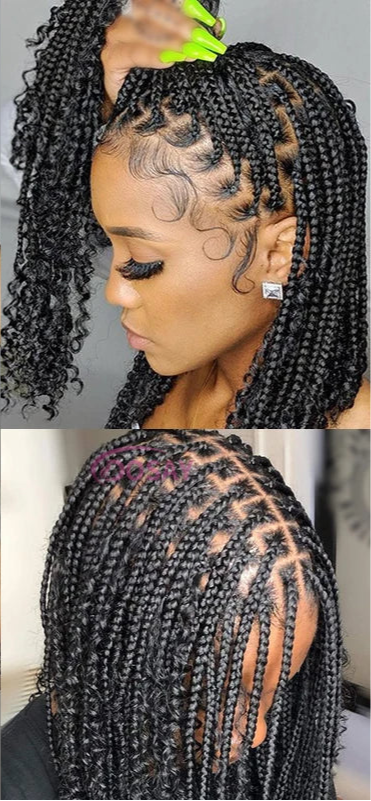 12" Boho Braided Bob Wig | 360 Lace Braided Wig | Knotless Braids | Curly Goddess Box Braid Wig