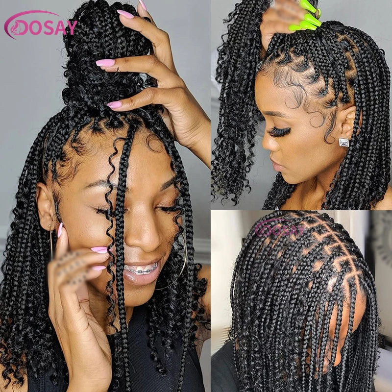 12" Curly Boho Braids Bob Wig | 360 Full Lace | Knotless Box Braids | Baby Hair Luxegan