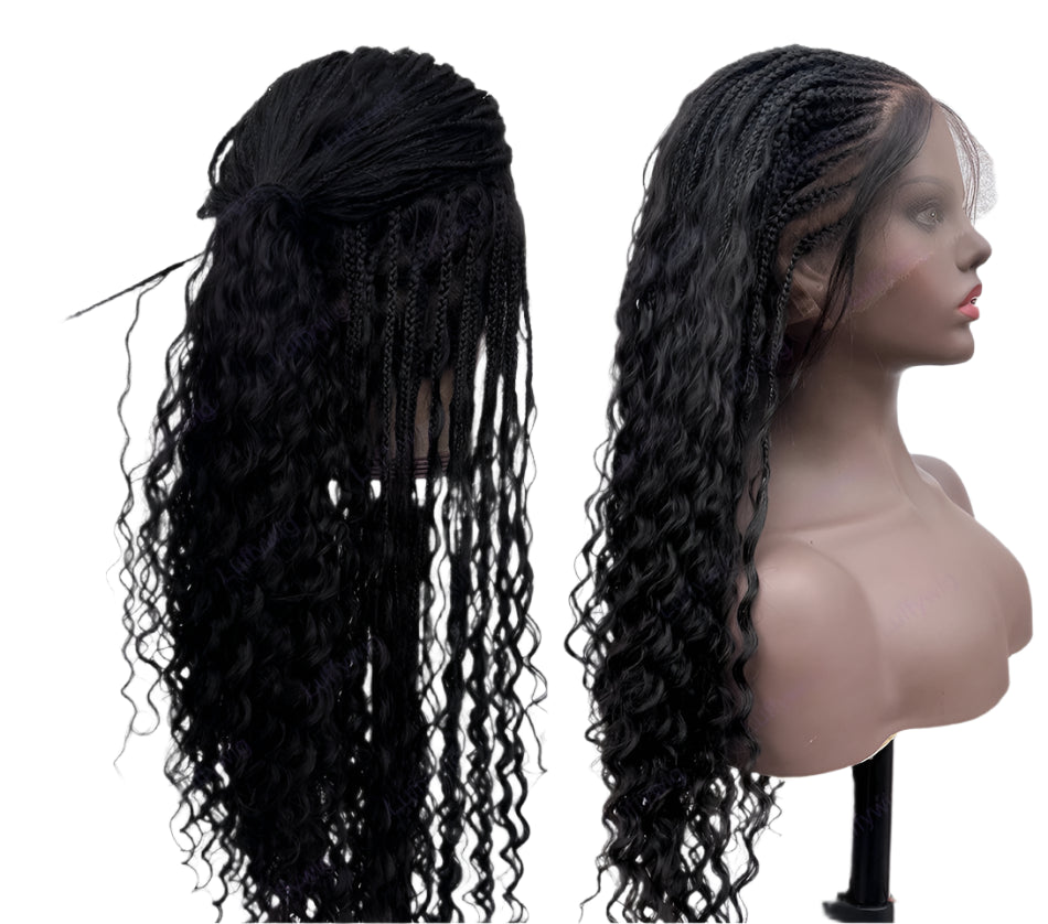 Long Braided Wigs | Knotless Cornrow Wig | HD Full Lace Wig | Human Hair | Boho Box Braids | Curly Braided Wig | Natural Black