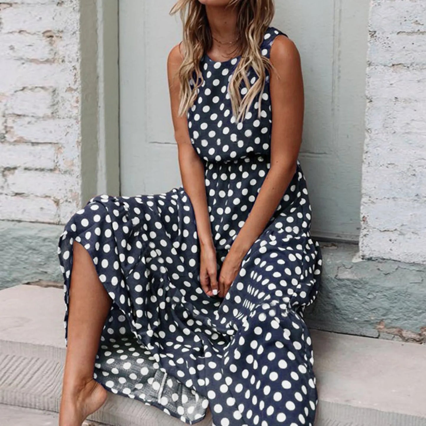 Polka Dot Boho Sundress Women Summer Beach Maxi Long Dresses Sexy Elegant Sleeveless Belts Evening Party Dress Vestido De Mujer