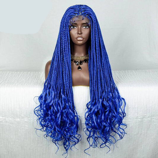 36" Blue Knotless Box Braids Lace Front Wig | Baby Hair | Crochet Braids | Black Women