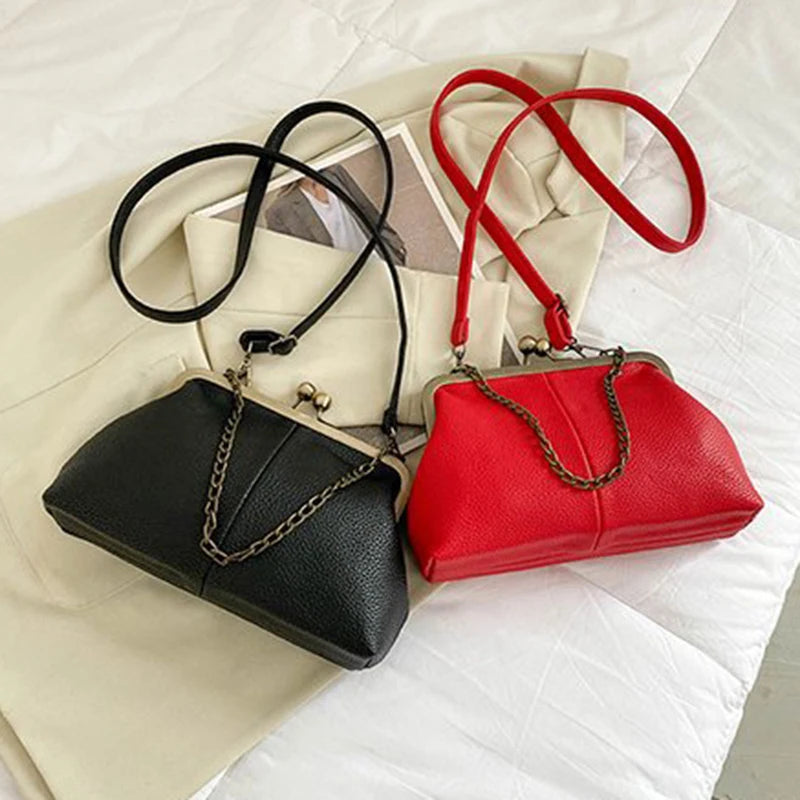 Vintage PU Shell Bag | Lychee Pattern Clip Chain Shoulder & Crossbody Luxegan