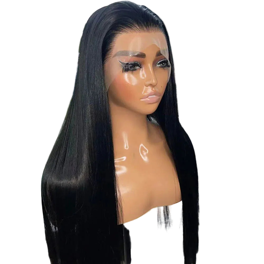 Long Jet Black Silky Straight Futura Synthetic 13x4 Lace Front Wig - 150% Density Glueless Pre-Plucked Hairline Wig - Japan Heat-Resistant Fiber Free Part Wig for Black Women (#1 Black) Luxegan