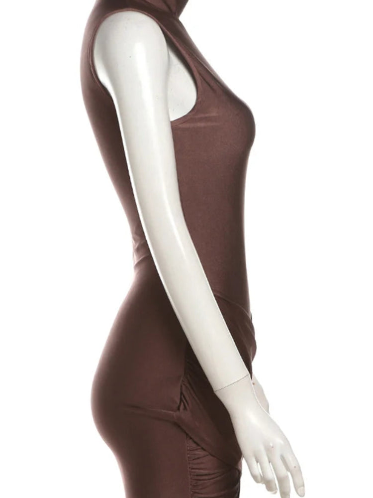Cross Ruffle Bodycon Mini Dress – Half-High Collar, Sleeveless, Slim Fit Luxegan