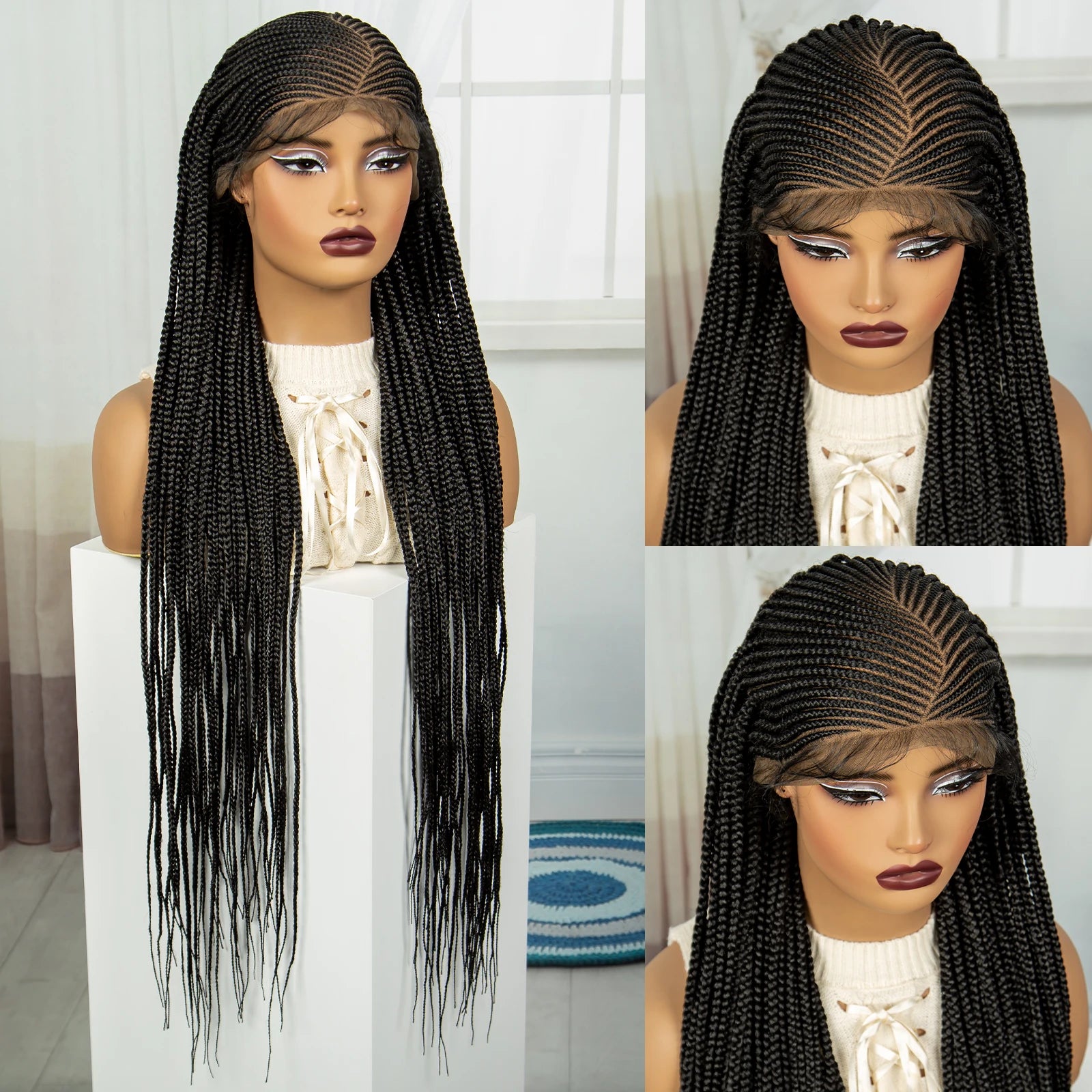 36 Inch Full Lace Braided Wig - Handmade Cornrow Braids with Baby Hair - Synthetic Lace Front Braided Wig for Black Women