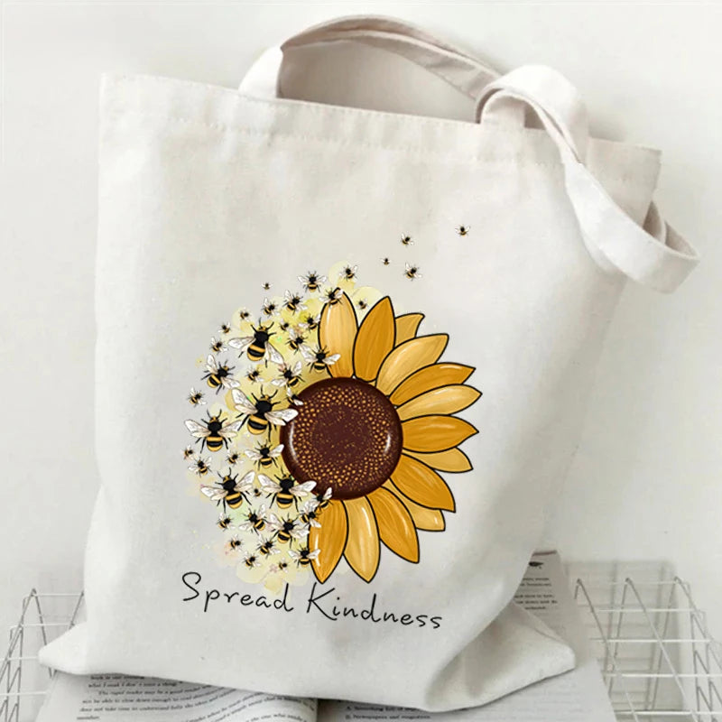 "Spread Kindness" Sunflower Bee Canvas Tote Bag | Versatile Underarm Shoulder Handbag for Commuter, Work & Student Luxegan