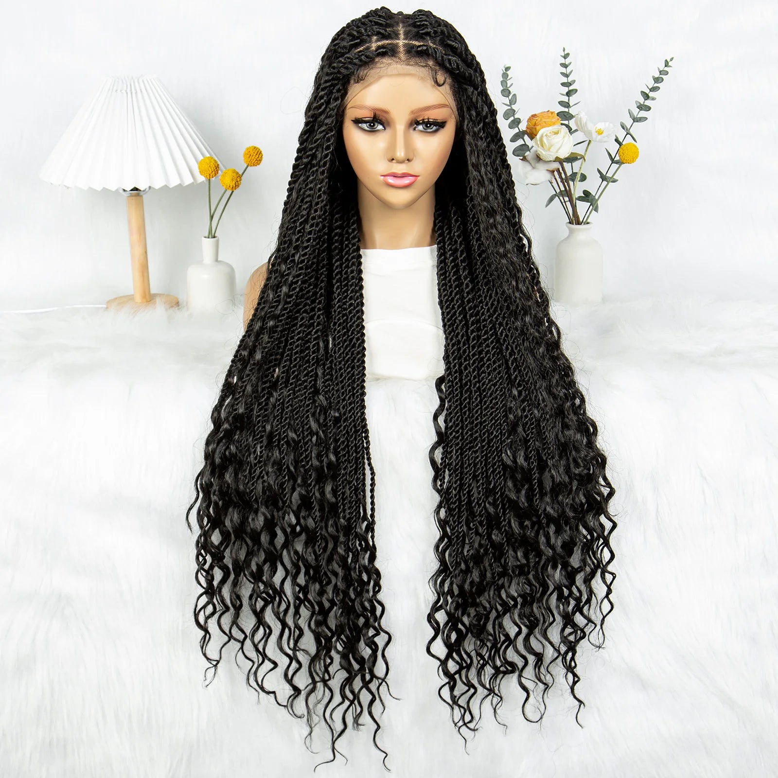 36" Long Island Twist Braided Wig - Knotless Synthetic Full Lace with Baby Hair Luxegan