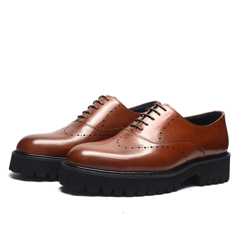 Luxury Men's Genuine Leather Platform Oxfords | Lightweight Black Sole Lace-Up Business & Casual Dress Shoes (Height Increasing) Luxegan