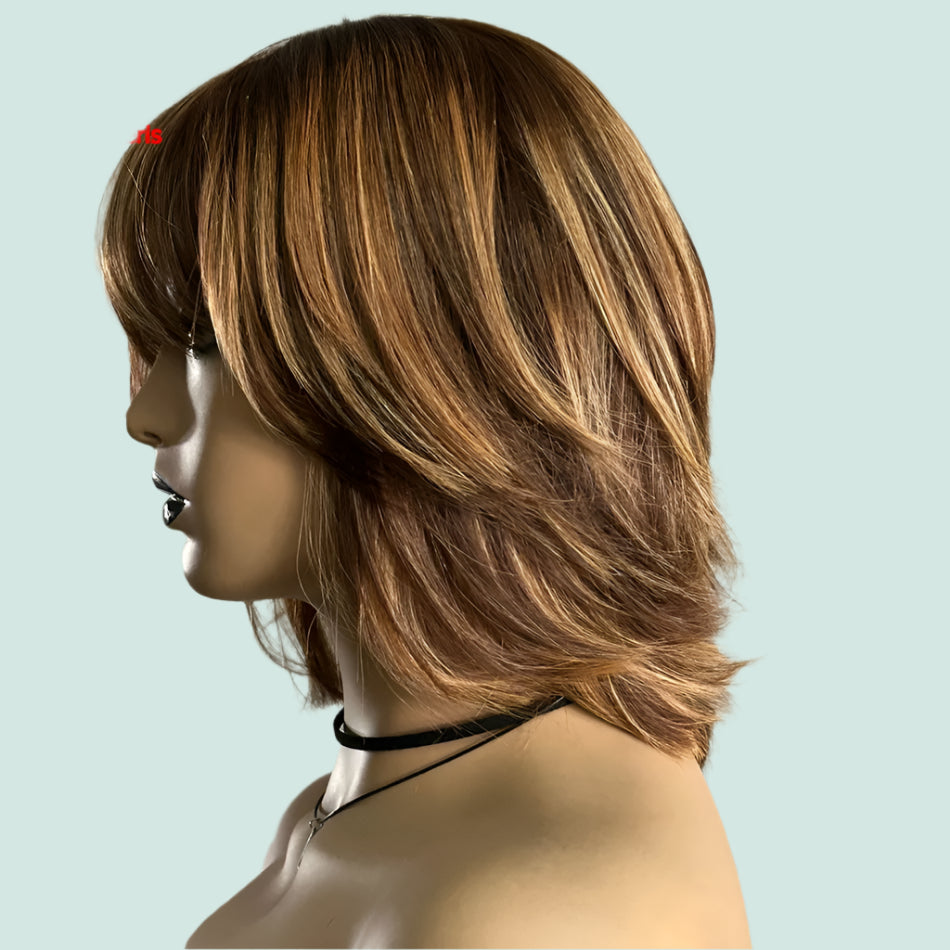 Honey Blonde Highlight Bob Wig with Bangs - Brazilian Remy Human Hair Scalp Top Wig