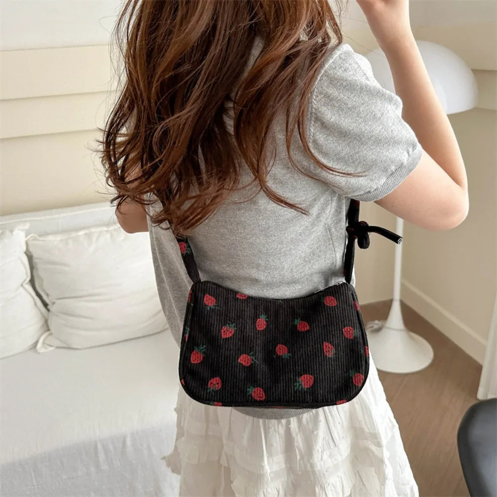Corduroy Solid Casual Tote | Soft Y2K Strawberry Large Capacity Underarm Bag Luxegan