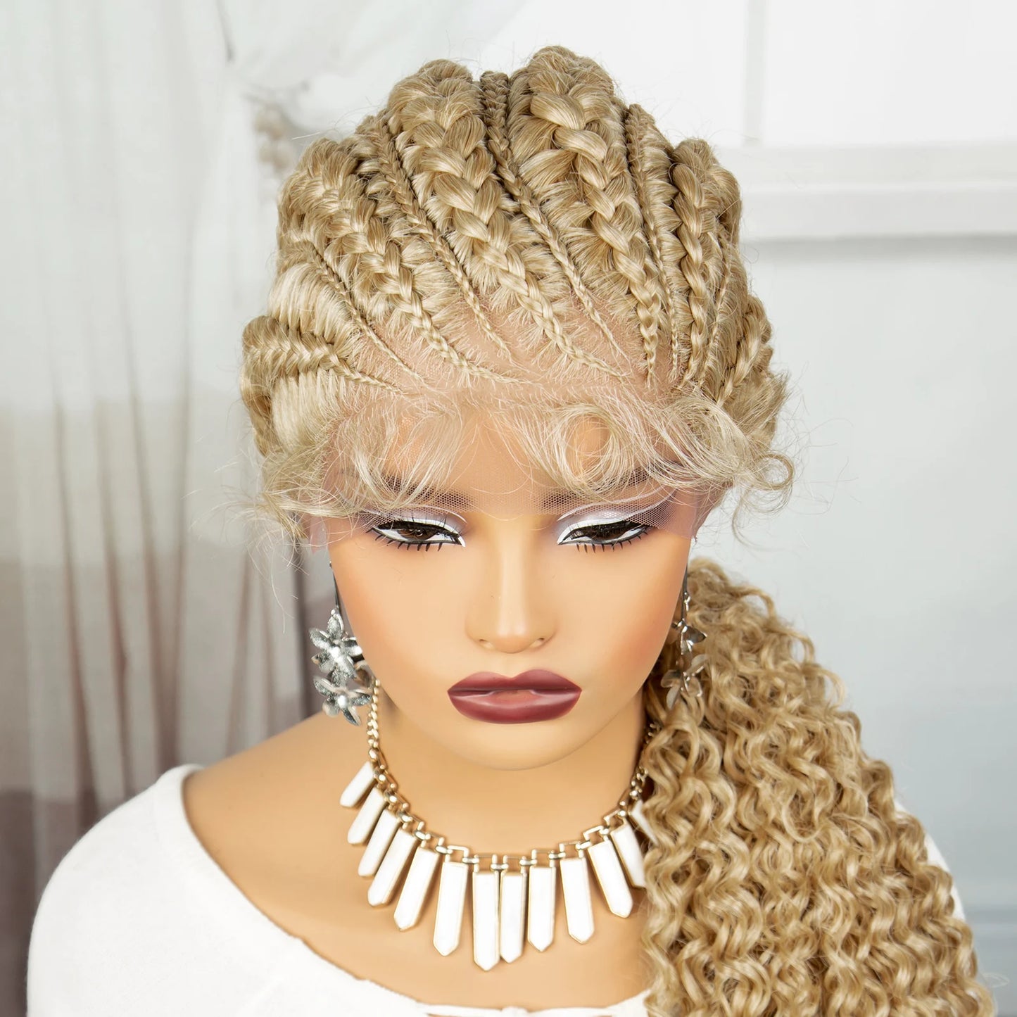 28" Blonde Knotless Cornrow Braids Wig with Curly Ends | Lace Frontal | Baby Hair Luxegan