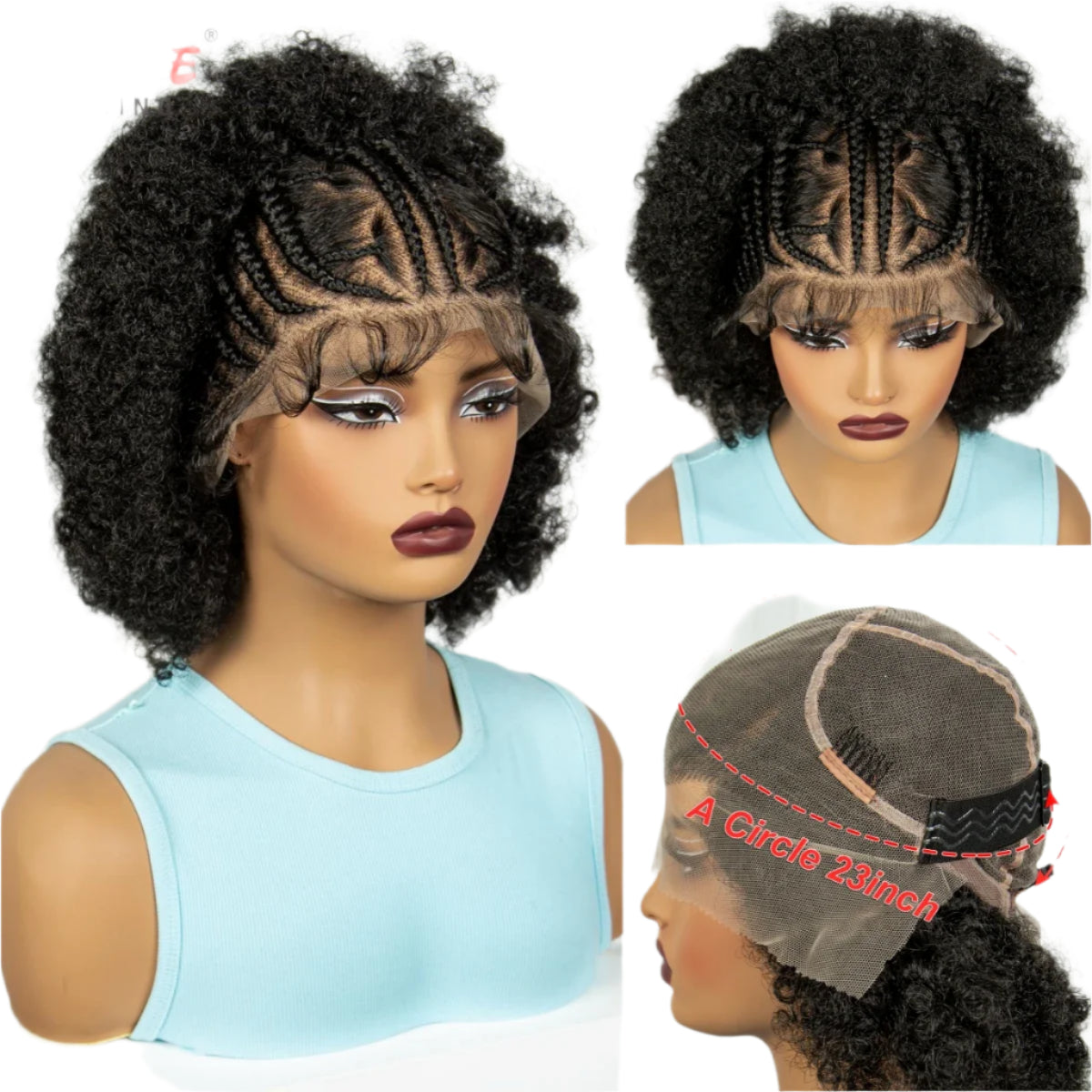 Short Natural Afro Kinky Curly Cornrow Braids Wig | Full Lace | Baby Hair Luxegan