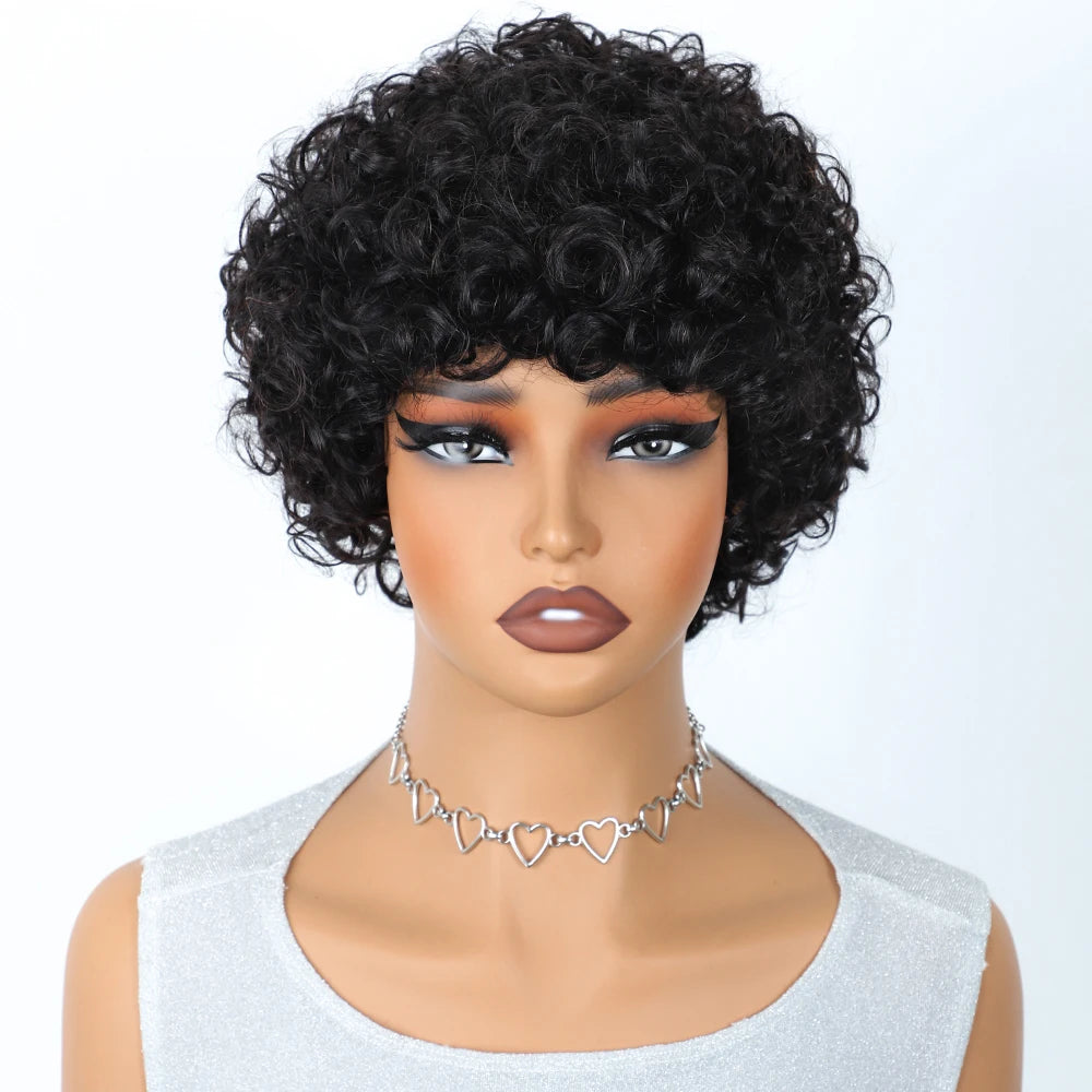 Peruvian Short Bob Pixie Afro Kinky Curly Wig with Bangs | Remy Human Hair Luxegan