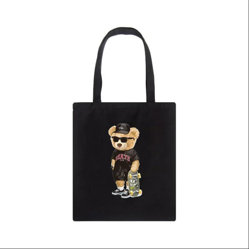 Fashion Bear Print Eco Women Shoulder Bags | Female Handbag Canvas Shopping Bag | Casual Large Ladies Travel Totes Bags Luxegan