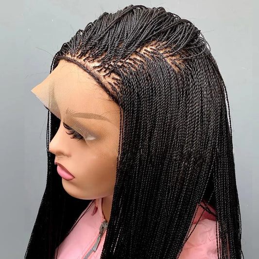 28" Micro Twist Braided Wig | 1B Black | Front Lace | Glueless | Petite Cap | For Black Women