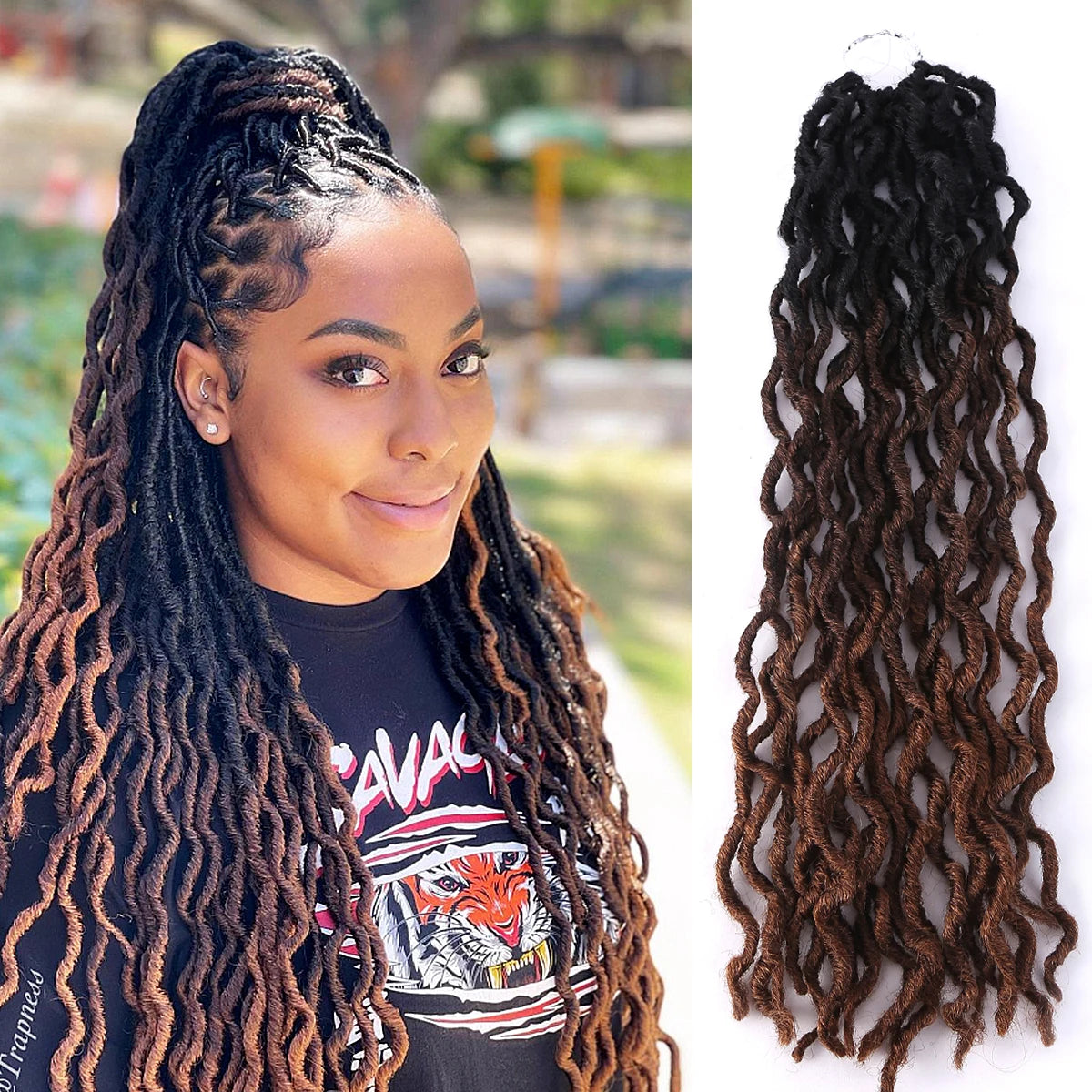 Goddess Faux Locs Crochet Hair | Soft Curly Ombre Dreadlock Extensions (Synthetic Braiding) Luxegan