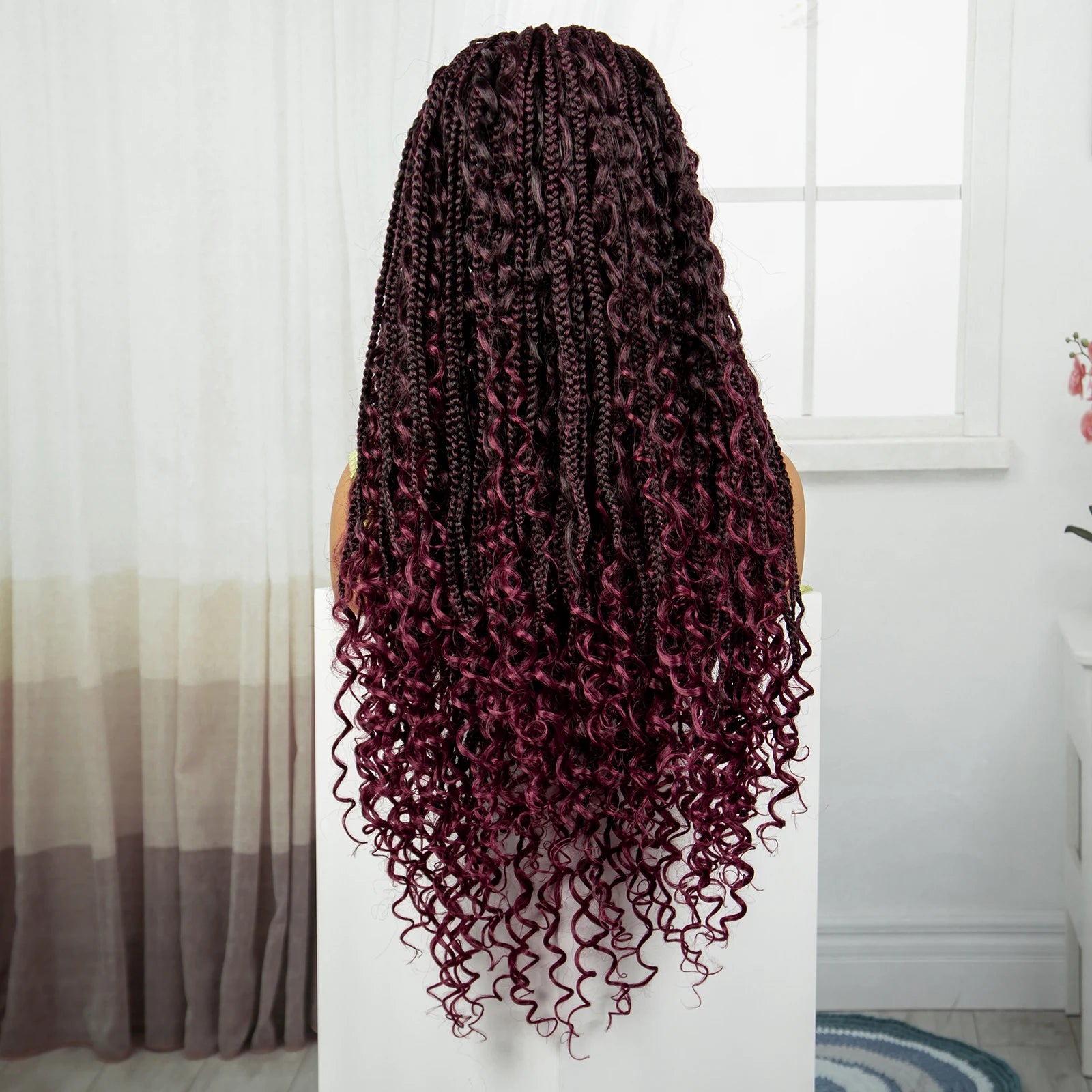 36" Knotless Box Braids Wig | Bohemian Style | Curly Ends | Lace Front | With Baby Hair | For Black Women