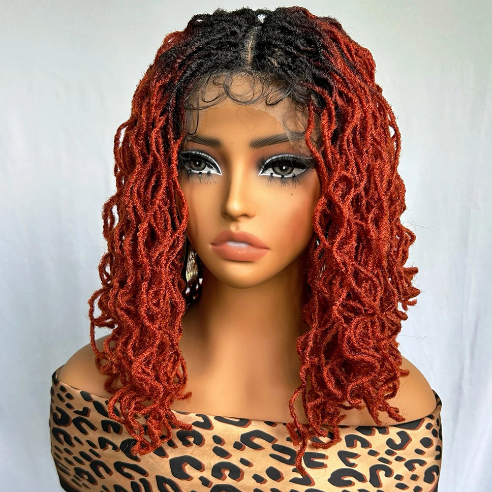 14" Copper Red Faux Locs Lace Front Wig | Short Twist Dreadlocks | Synthetic Braided Wig Luxegan