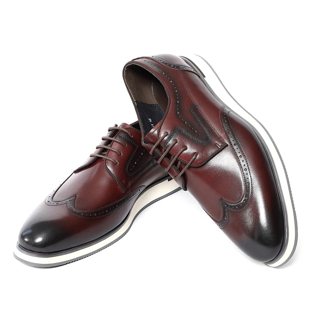 Men's Natural Cowhide Genuine Leather Derby Dress Shoes | Brogue Wingtip Flat Shoes (Black, Wine Red) Luxegan
