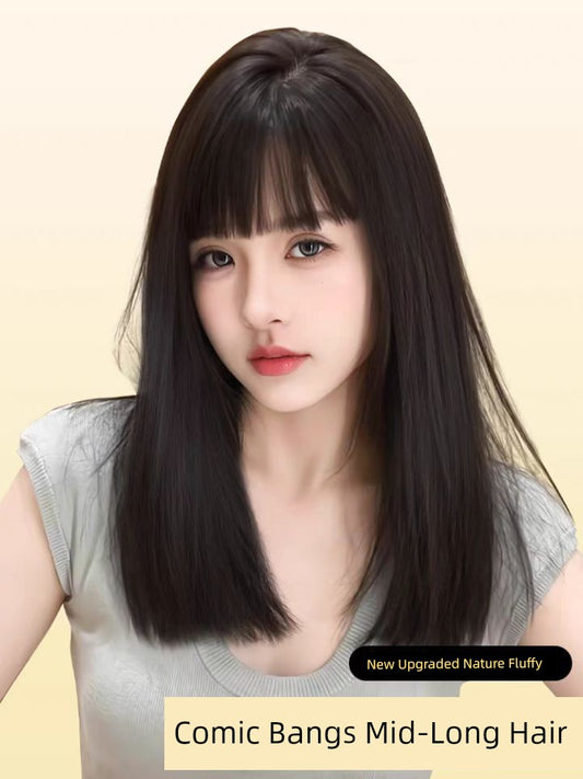 Elegant Mid-Length Straight Hair Wig for Women | Realistic Natural Full-Head Wig with Cartoon Straight Bangs (Age-Reducing, Daily Wear, Full Top)