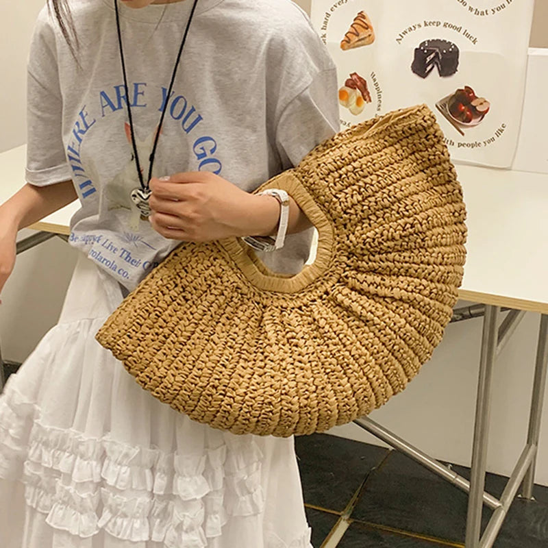 Summer Straw Women Half-moon Beach Handbag | Rattan Handmade Handle & Knitted Tote Bag Luxegan