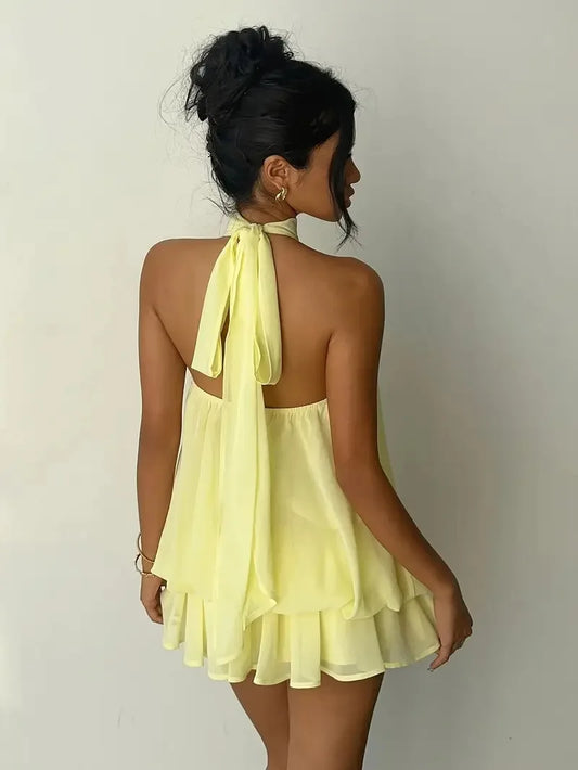 Halter Neck Backless Tie-Front Mini Dress – Sleeveless, Loose Fit Luxegan
