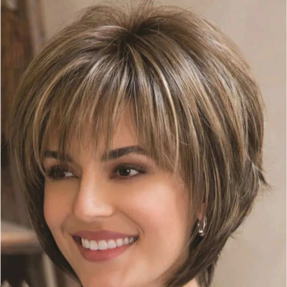 Short Brown Bob Wig with Bangs | Mixed Blonde Synthetic Natural Hair Wig for Women (Soft Mommy Hair, Daily Use) Luxegan