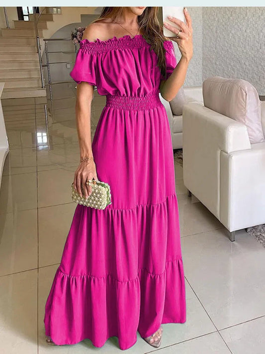 Solid Bohemian Slash Neck Short Sleeve Loose A-Line Ankle-Length Dress – Slight-Stretch Polyester-Elastane Blend, Natural Waist, Summer Luxegan