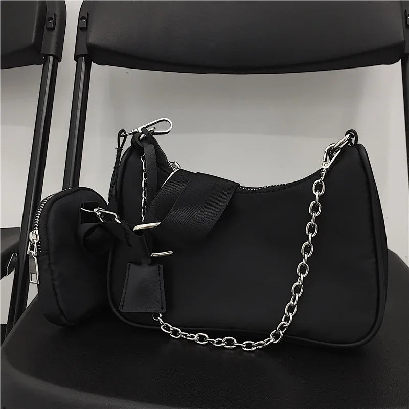 Casual Nylon Waterproof Shoulder Hobo Bag | Fashion Cool Black Chain Handbag Luxegan
