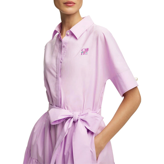 Lapel Collar Short Sleeve Bow Belt Embroidered Fringe A-Line Midi Dress | Elegant Office Lady Casual Shirt Dress Luxegan